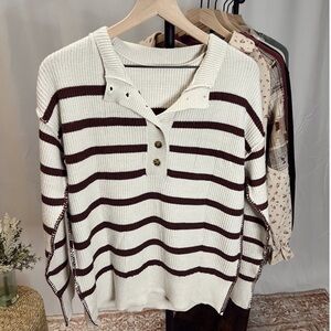 Striped V-Neck Pullover Sweater in Cream and Brown